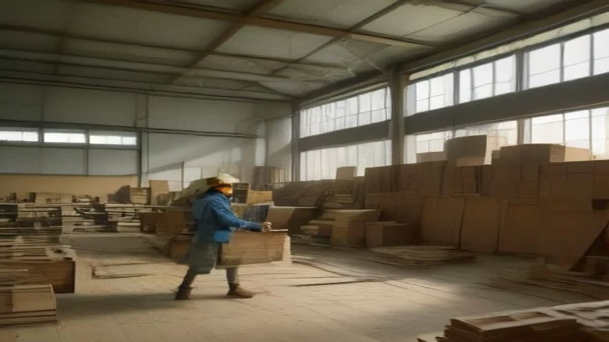 wide establishing shot of a factory production line with machinery and a worker in a hard hat checking output (illustrative image)